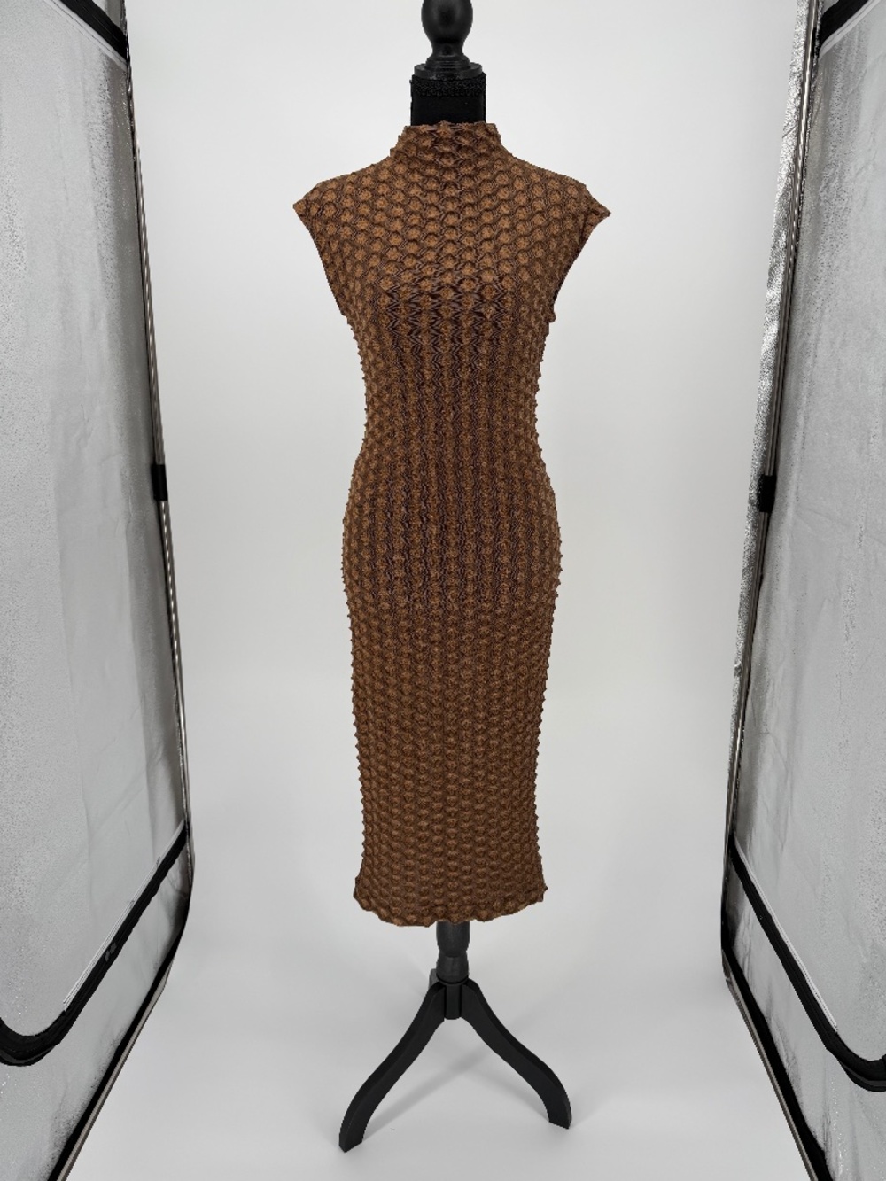 Zara Brown 3D Bubble Knit‎ Mock Neck Textured Midi Dress S